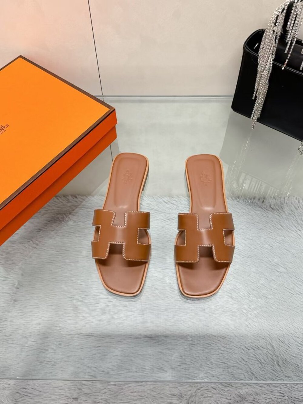 Hermès Oran Gold Brown Leather H Cutout Flat Slide Sandals